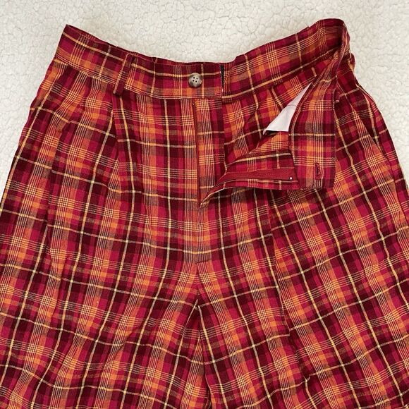 Vintage Womens Plaid Shorts 10 Medium Red Yello Pink Pleated Linen Cotton Blend - Picture 2 of 7